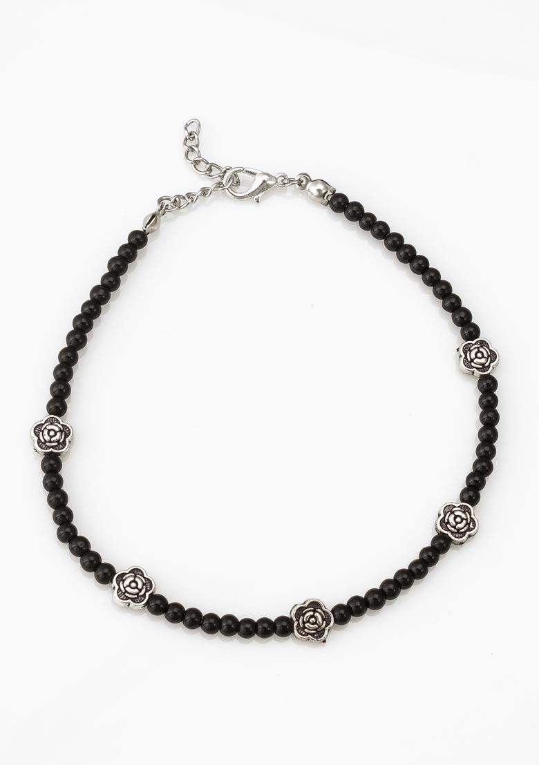 Black Beads Alloy Anklet - Indya
