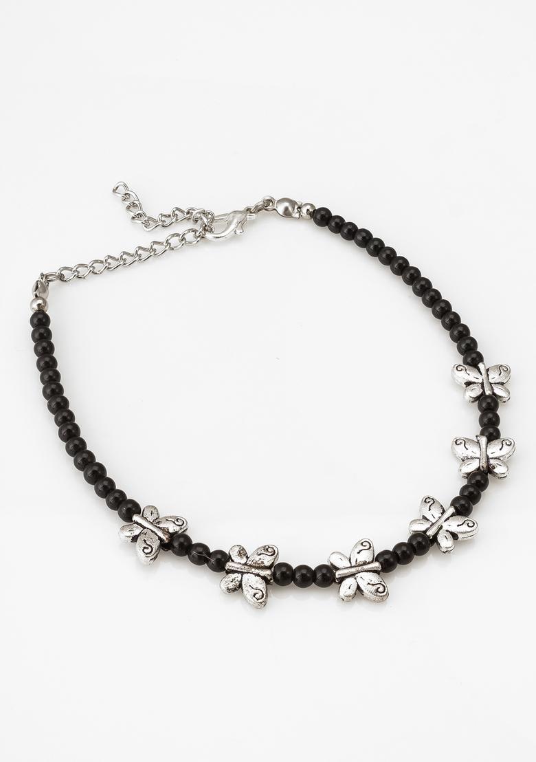 Black Beads Alloy Anklet - Indya