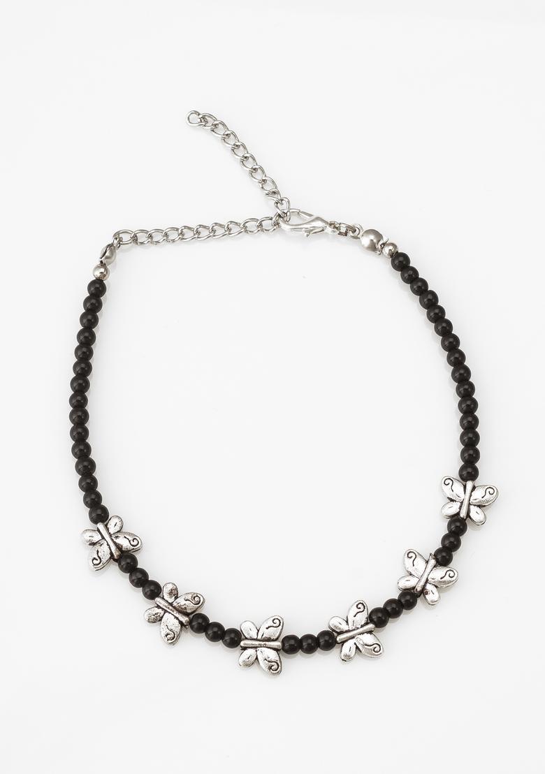 Black Beads Alloy Anklet - Indya