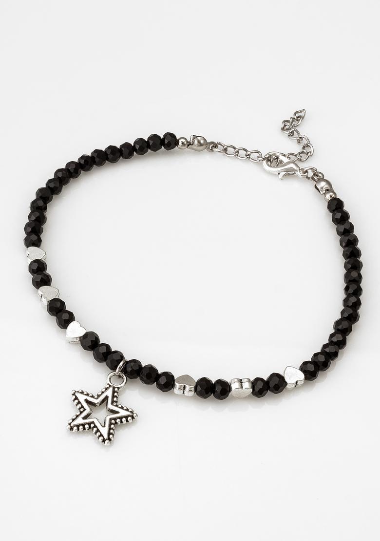 Black Beads Alloy Anklet - Indya