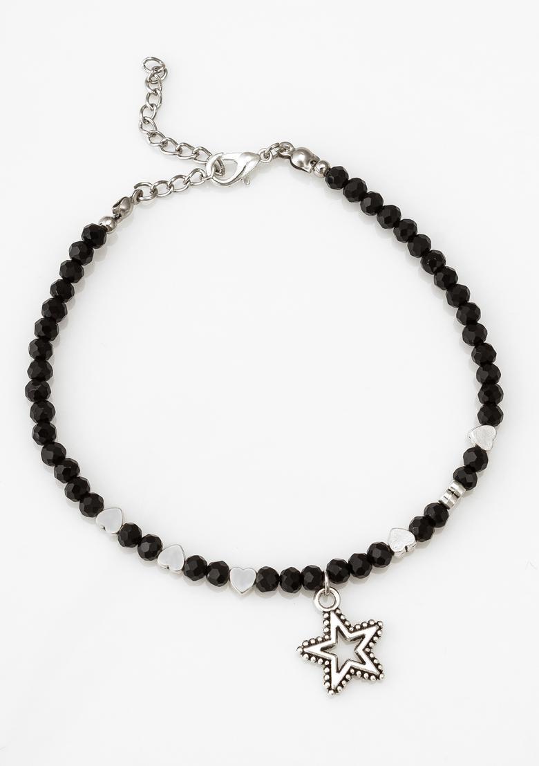 Black Beads Alloy Anklet - Indya