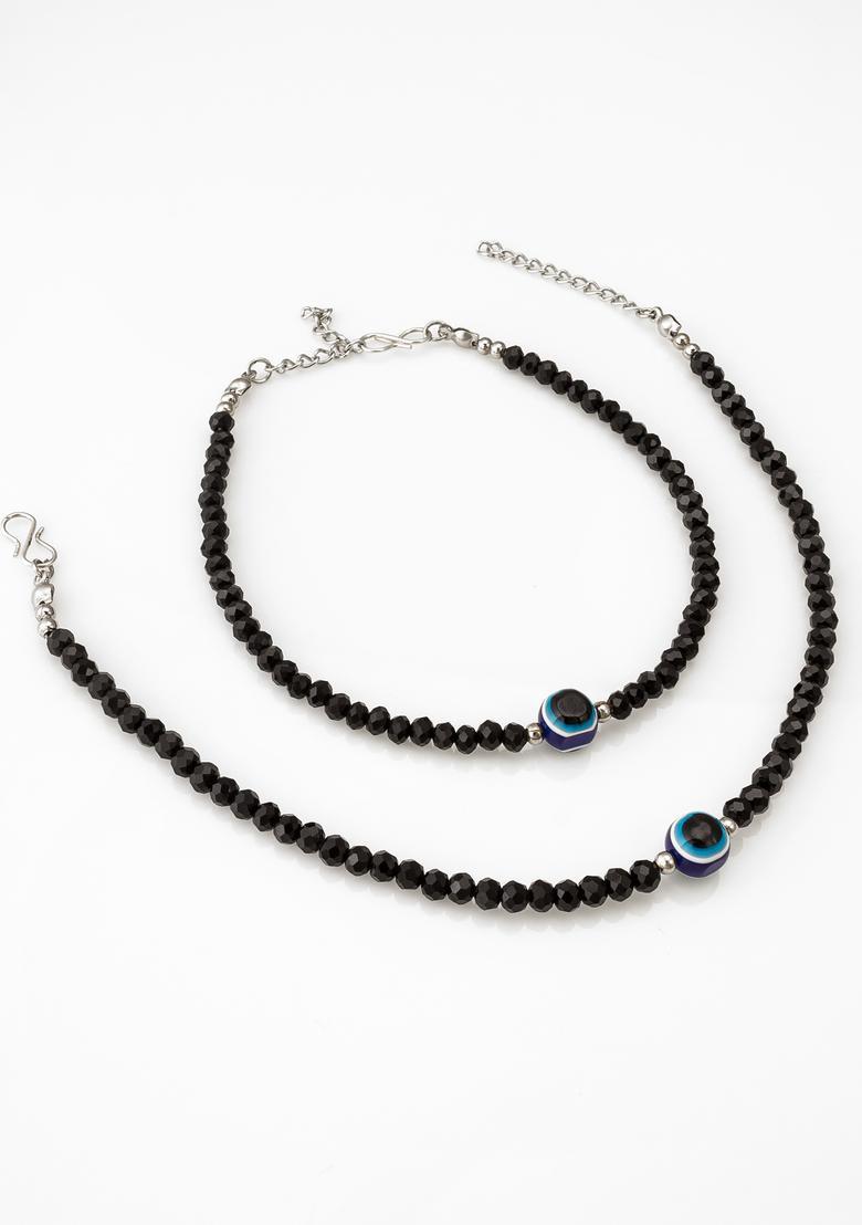 Black Beads Alloy Anklet - Indya