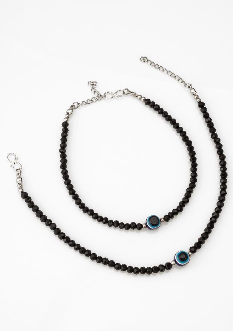 Black Beads Alloy Anklet - Indya