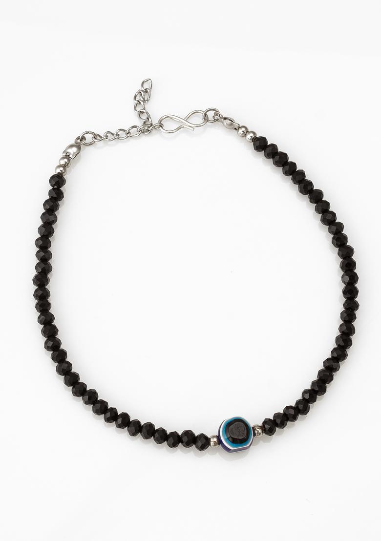 Black Beads Alloy Anklet - Indya