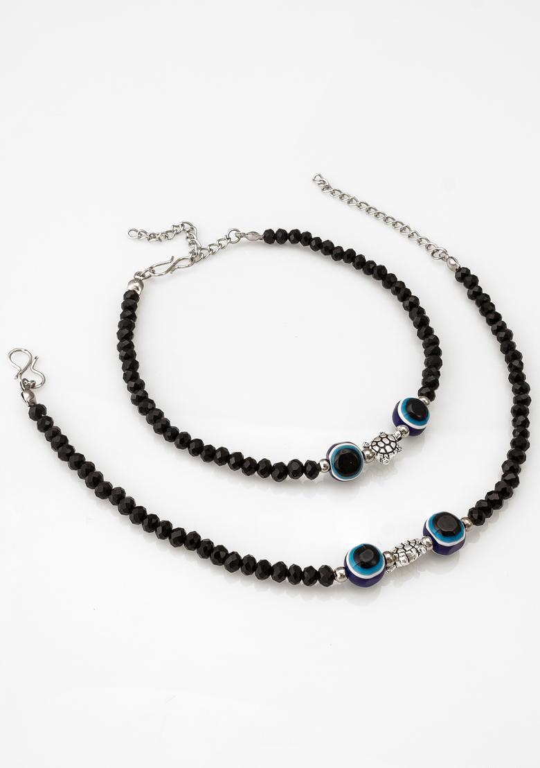 Black Beads Alloy Anklet - Indya