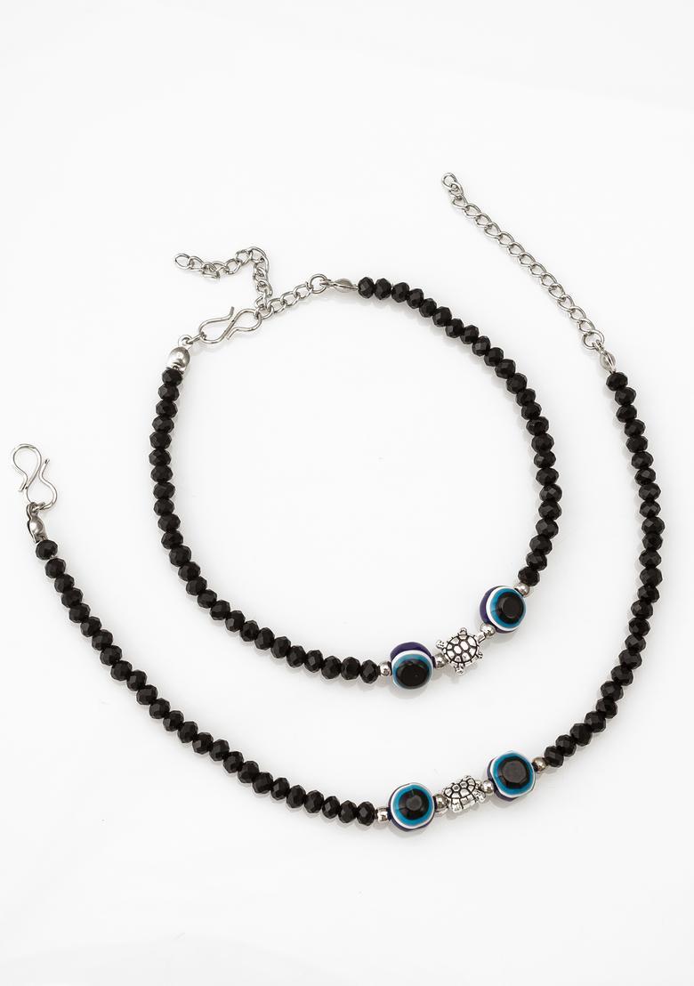 Black Beads Alloy Anklet - Indya