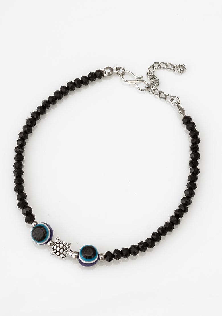 Black Beads Alloy Anklet - Indya