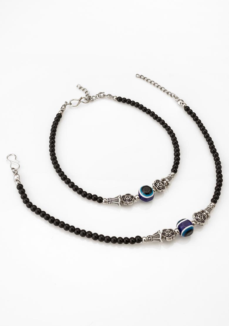 Black Beads Alloy Anklet - Indya