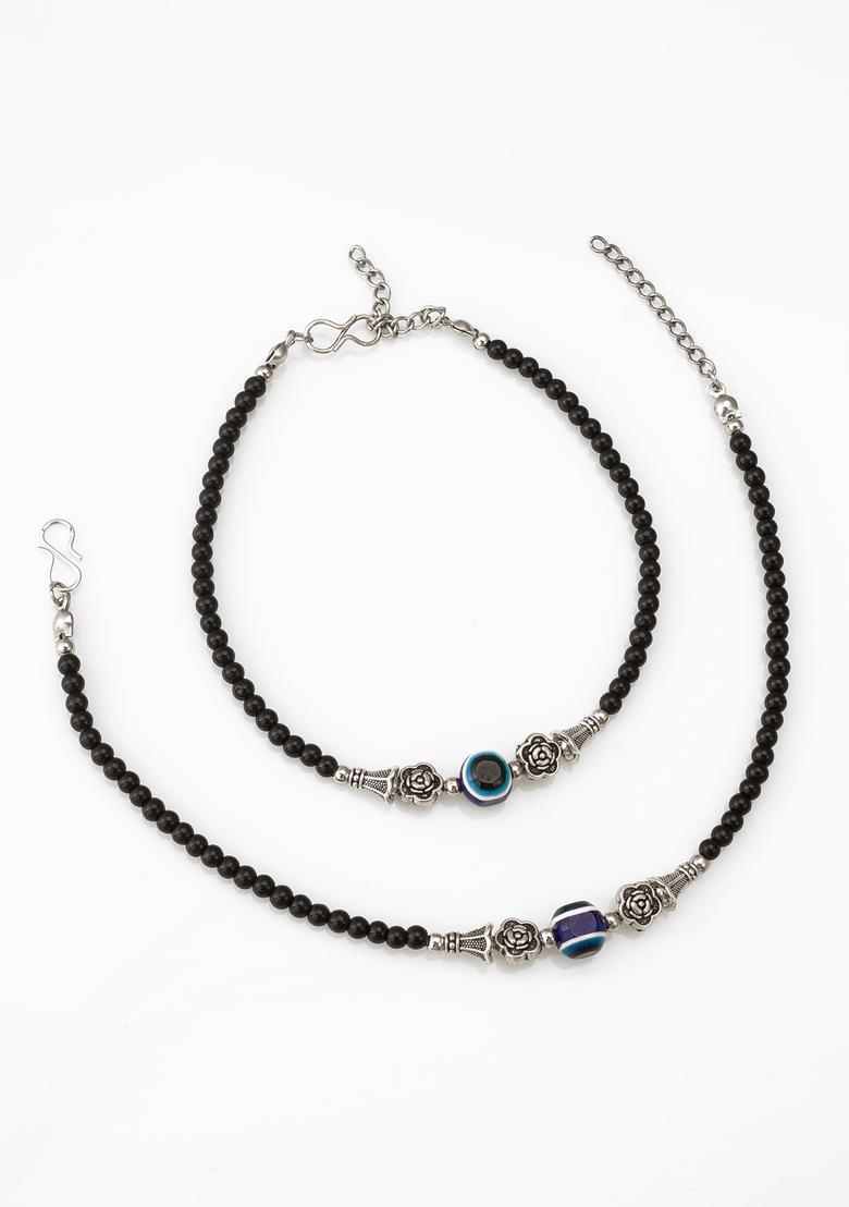 Black Beads Alloy Anklet - Indya