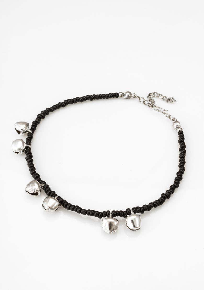 Black Beads Alloy Anklet - Indya