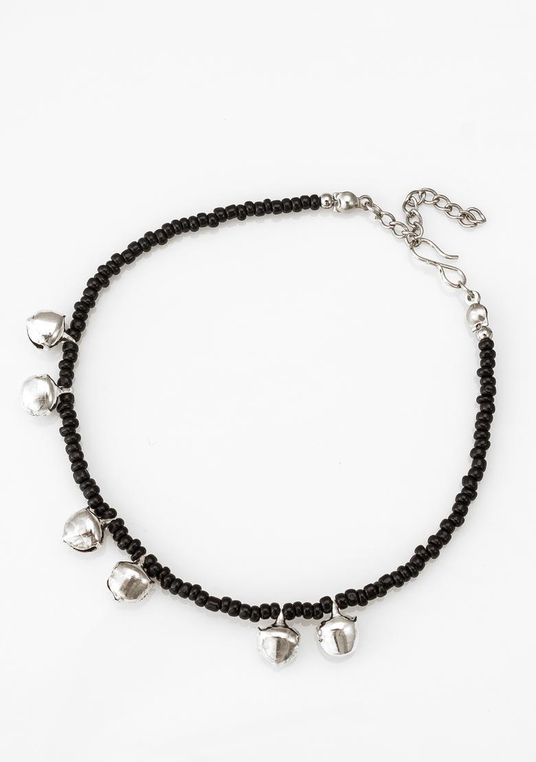 Black Beads Alloy Anklet - Indya