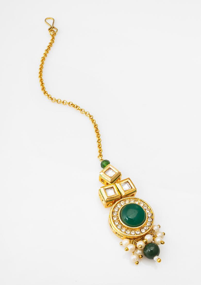 Dark Green Kundan Alloy Maang Tikka - Indya