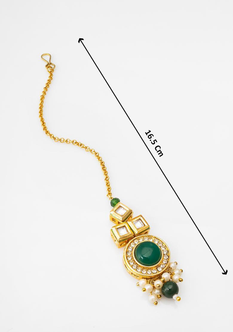 Dark Green Kundan Alloy Maang Tikka - Indya