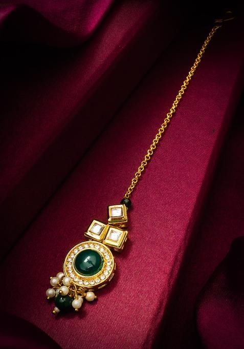 Dark Green Kundan Alloy Maang Tikka