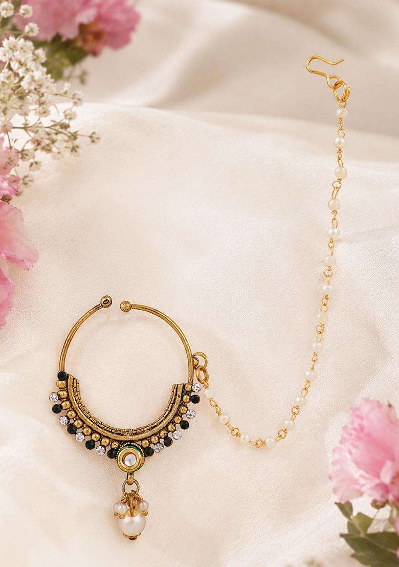 Green Brass Nath With Chain - Indya