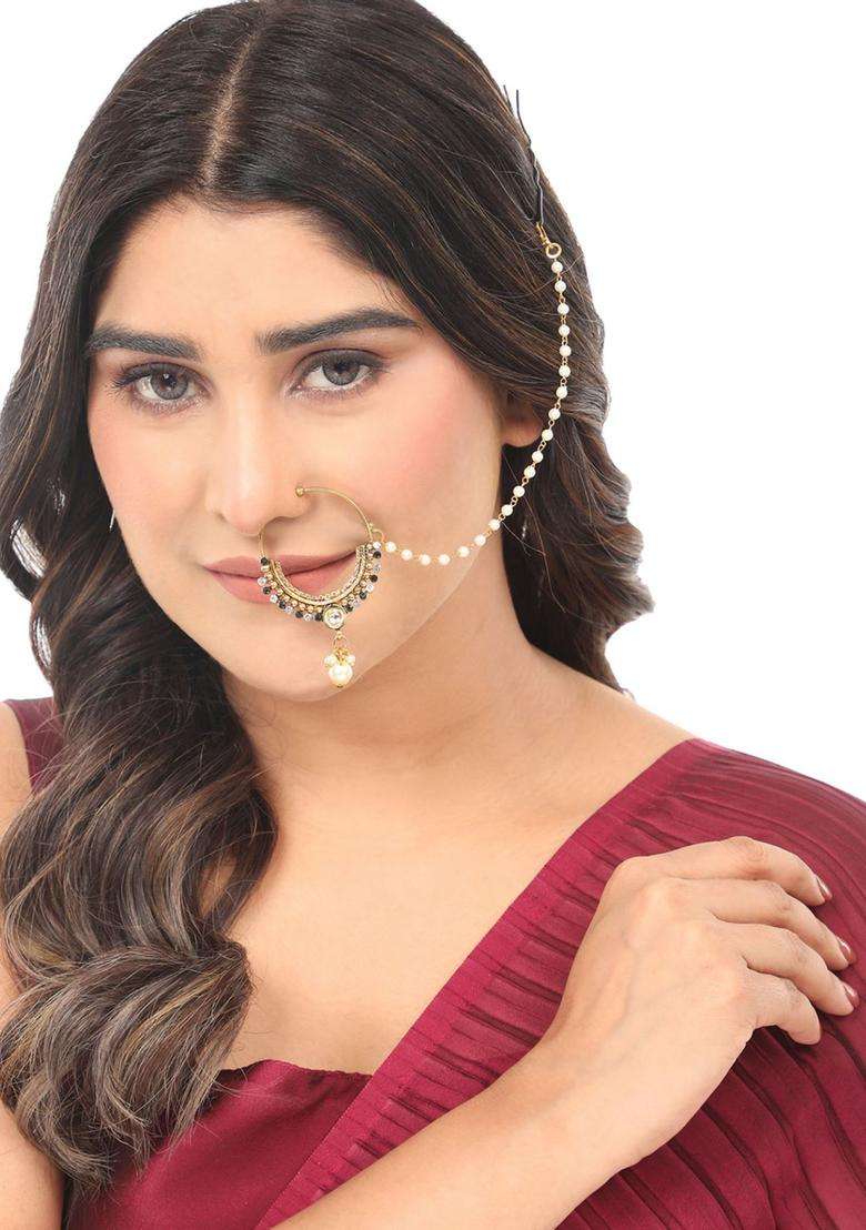 Green Brass Nath With Chain - Indya