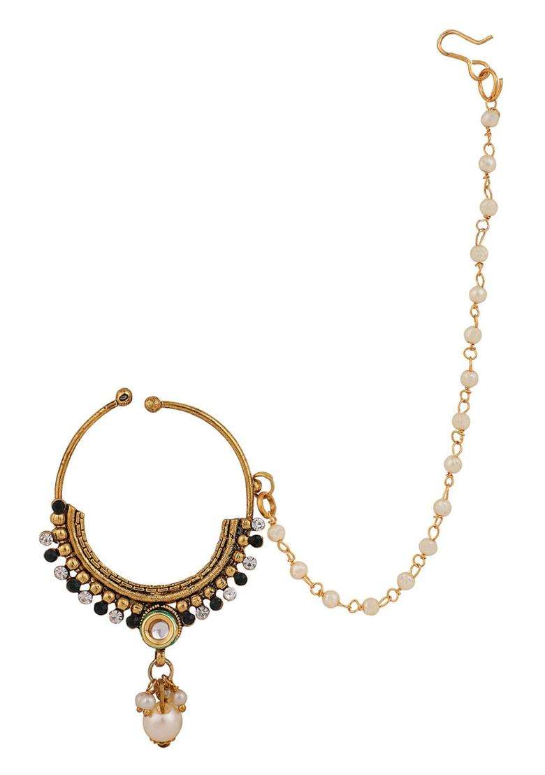 Green Brass Nath With Chain - Indya