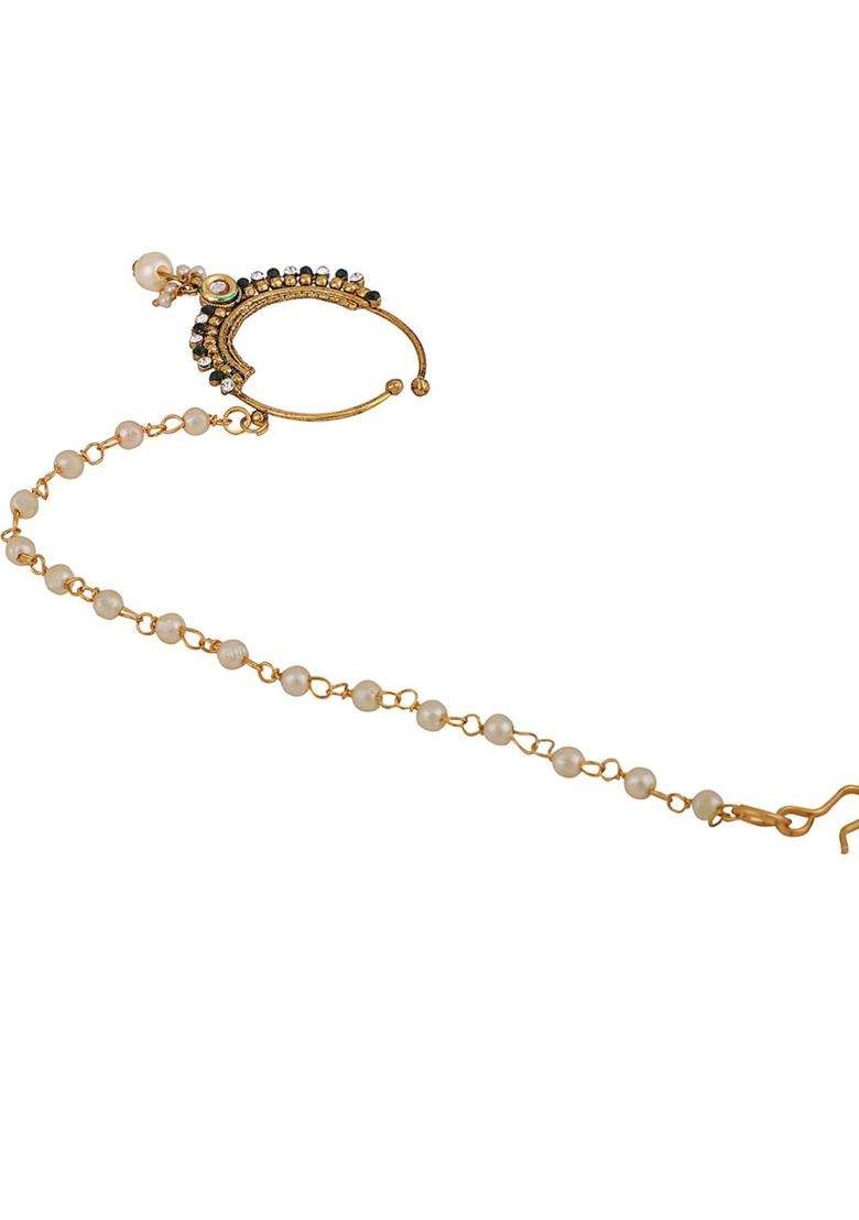 Green Brass Nath With Chain - Indya