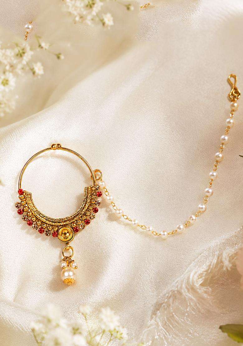 Red Brass Nath With Chain - Indya