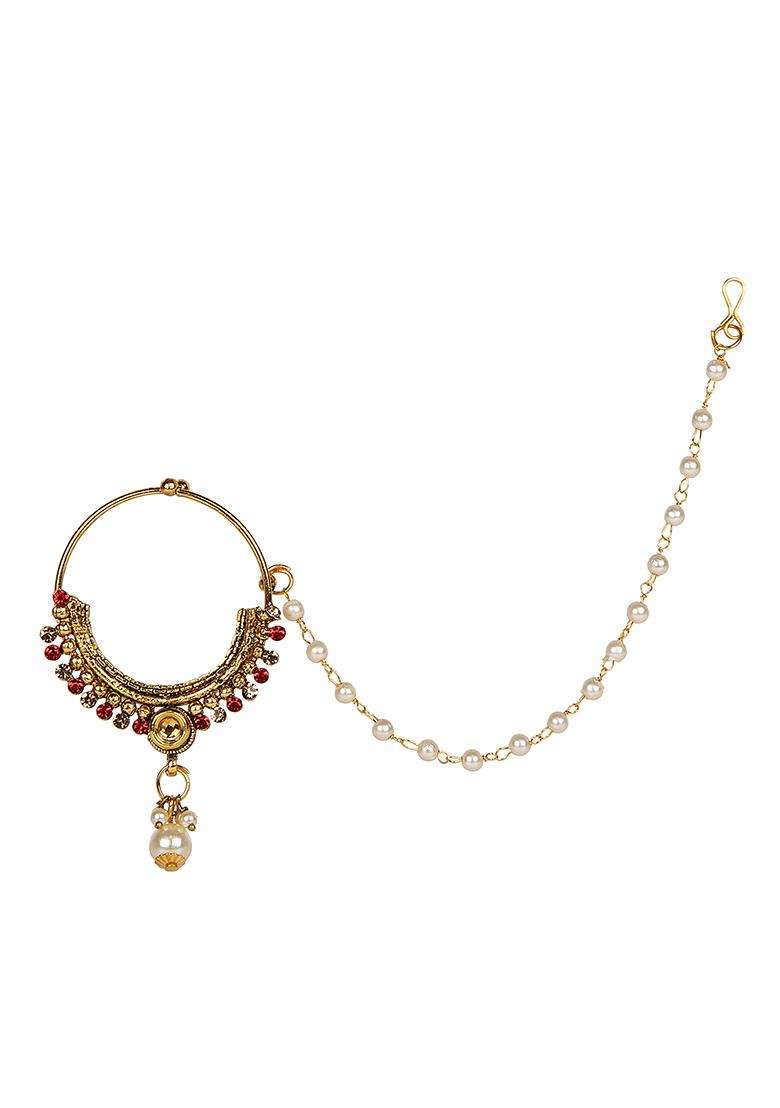 Red Brass Nath With Chain - Indya