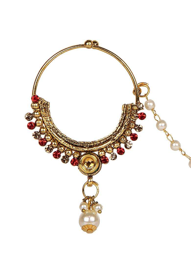 Red Brass Nath With Chain - Indya