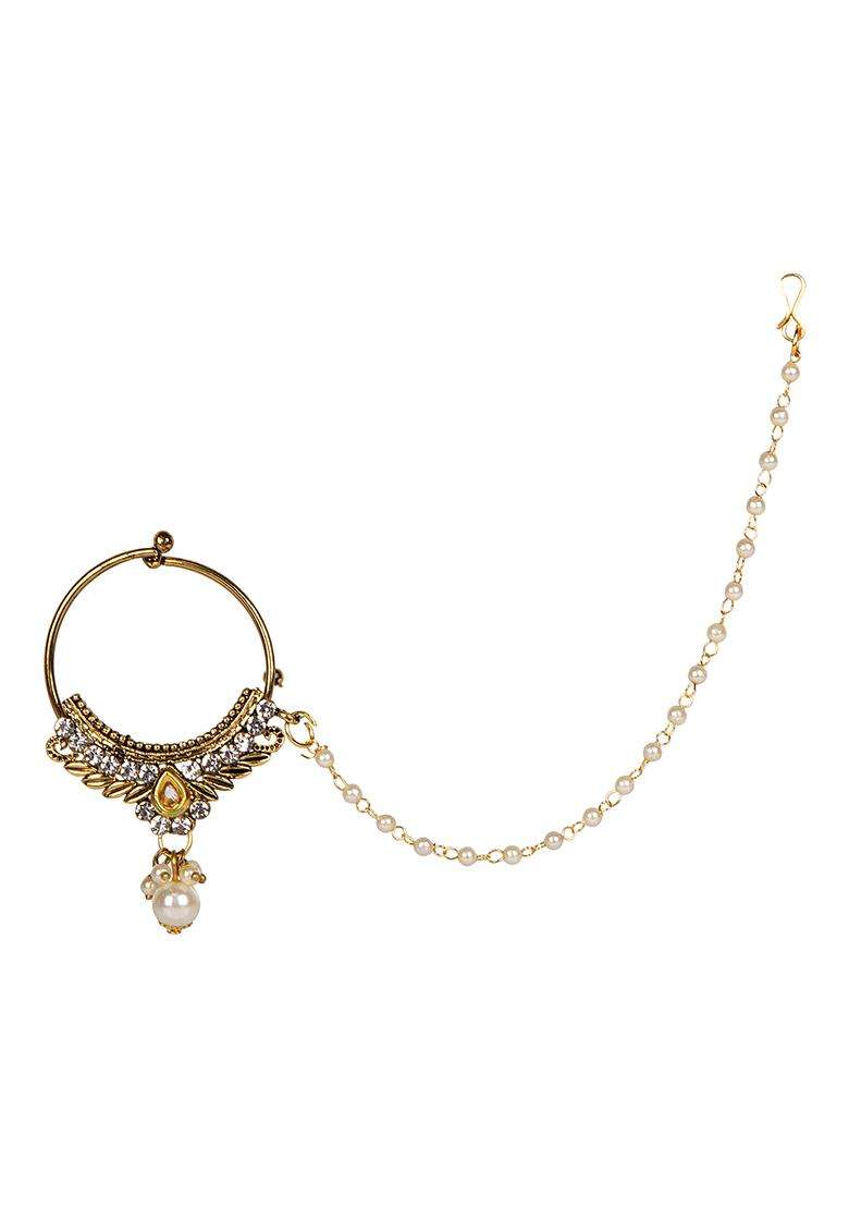 Golden Brass Nath With Chain - Indya