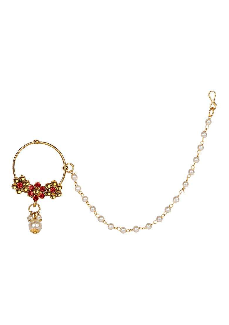 Red Brass Nath With Chain - Indya