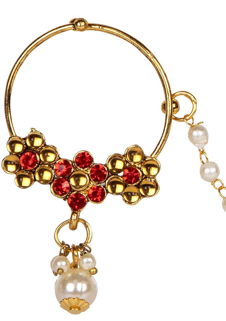 Red Brass Nath With Chain - Indya