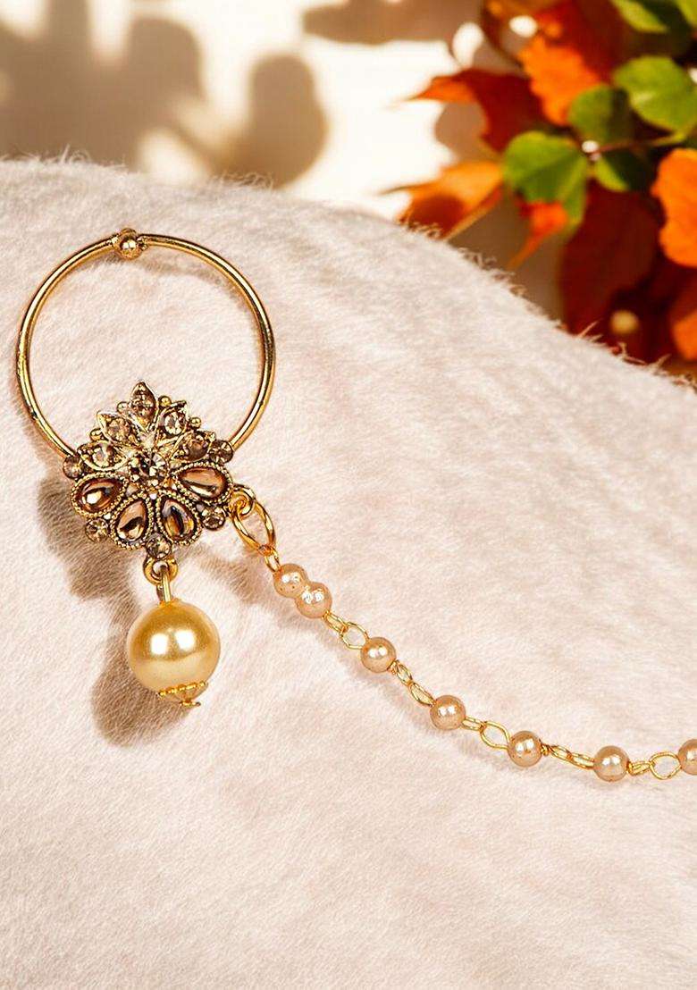 Golden Brass Nath With Chain - Indya