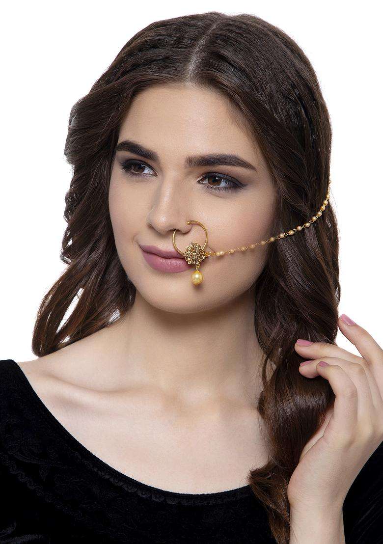 Golden Brass Nath With Chain - Indya
