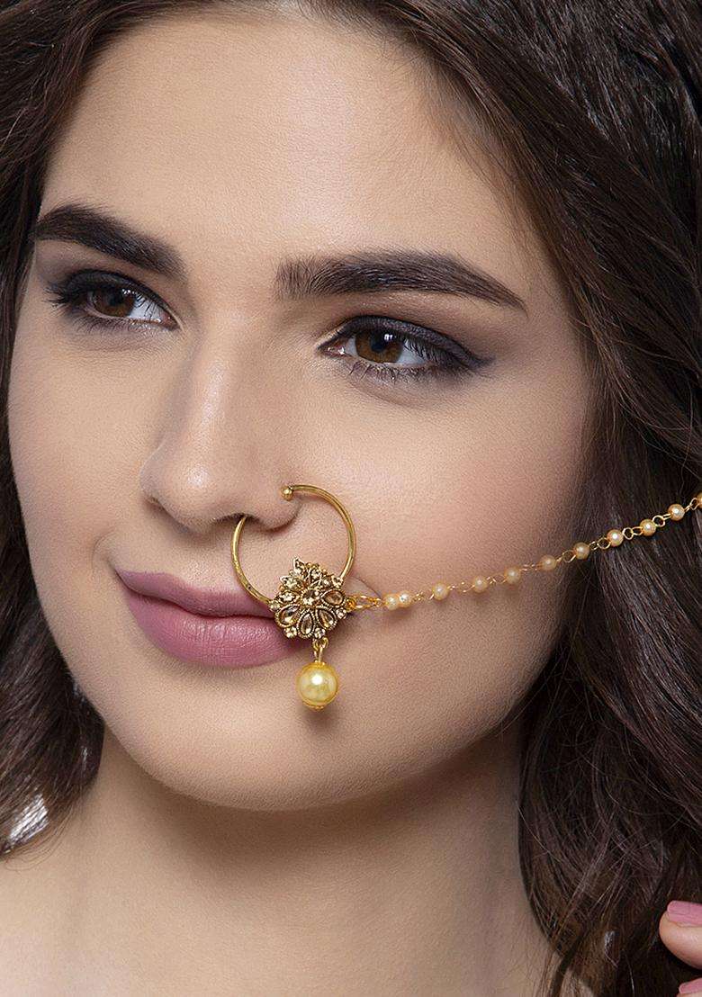 Golden Brass Nath With Chain - Indya