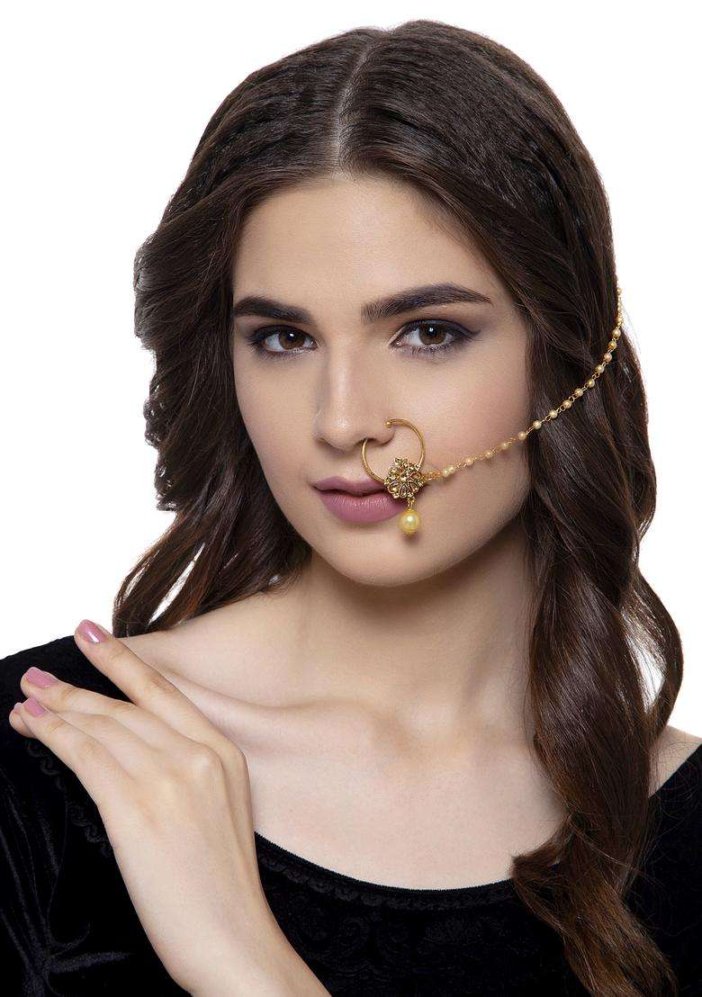 Golden Brass Nath With Chain - Indya
