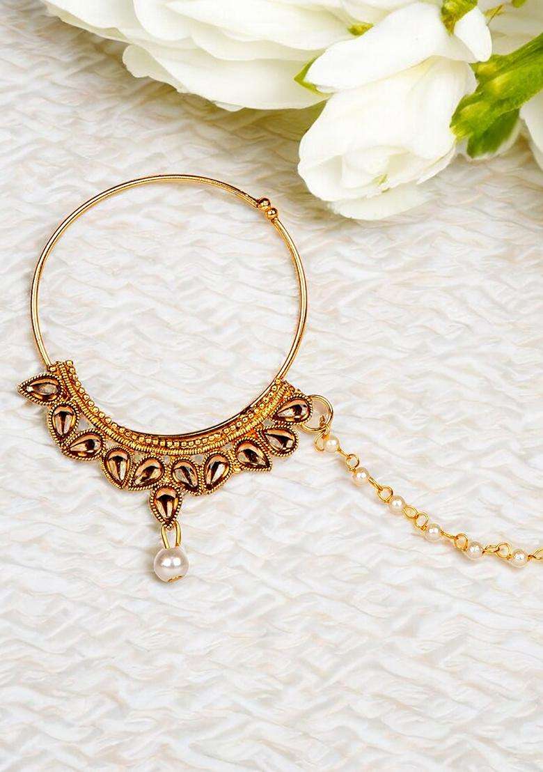 Golden Brass Nath With Chain - Indya