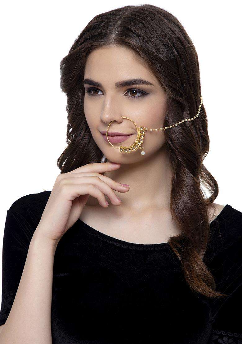 Golden Brass Nath With Chain - Indya