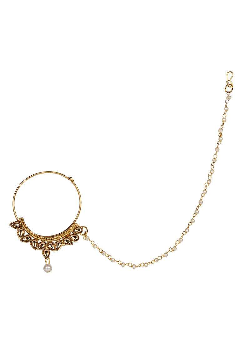 Golden Brass Nath With Chain - Indya