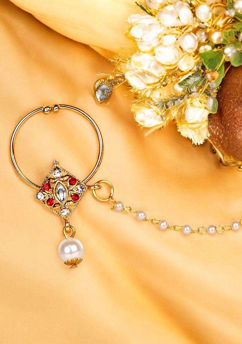 Golden Brass Nath With Chain - Indya