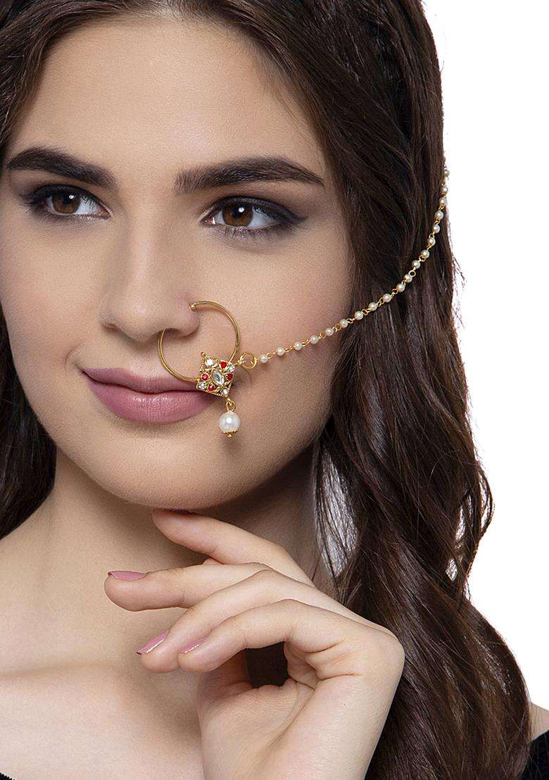 Golden Brass Nath With Chain - Indya