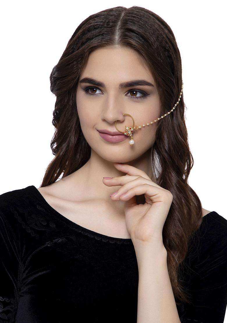 Golden Brass Nath With Chain - Indya