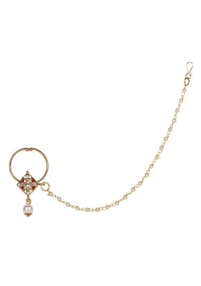 Golden Brass Nath With Chain - Indya