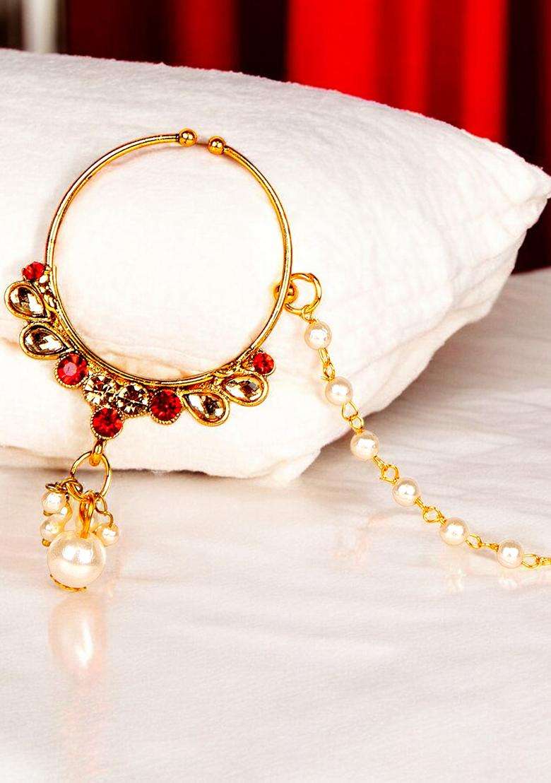 Golden Brass Nath With Chain - Indya