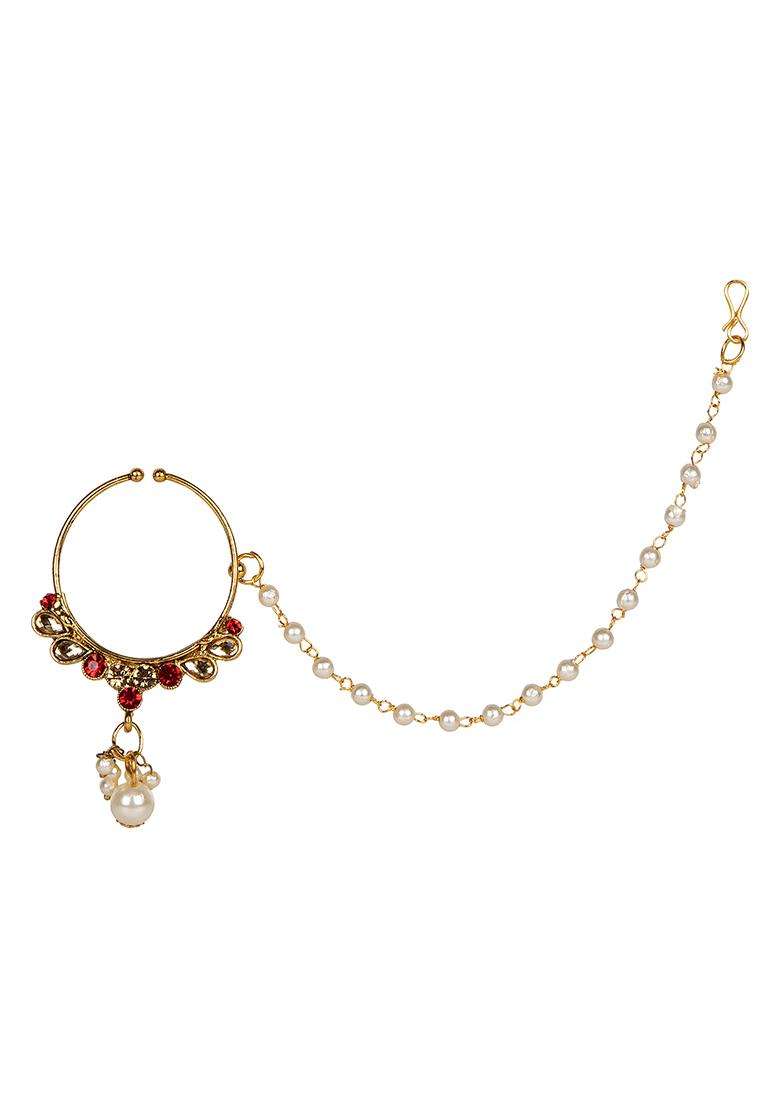 Golden Brass Nath With Chain - Indya