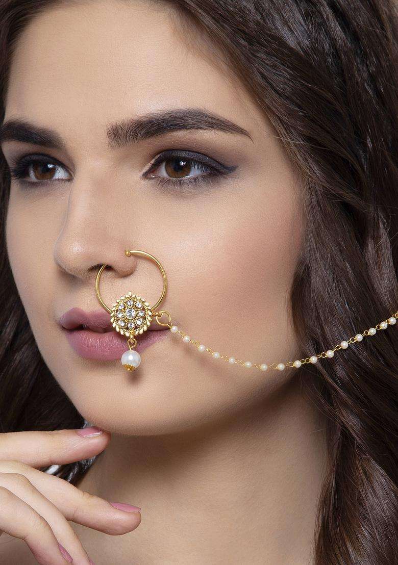 Golden Brass Nath With Chain - Indya