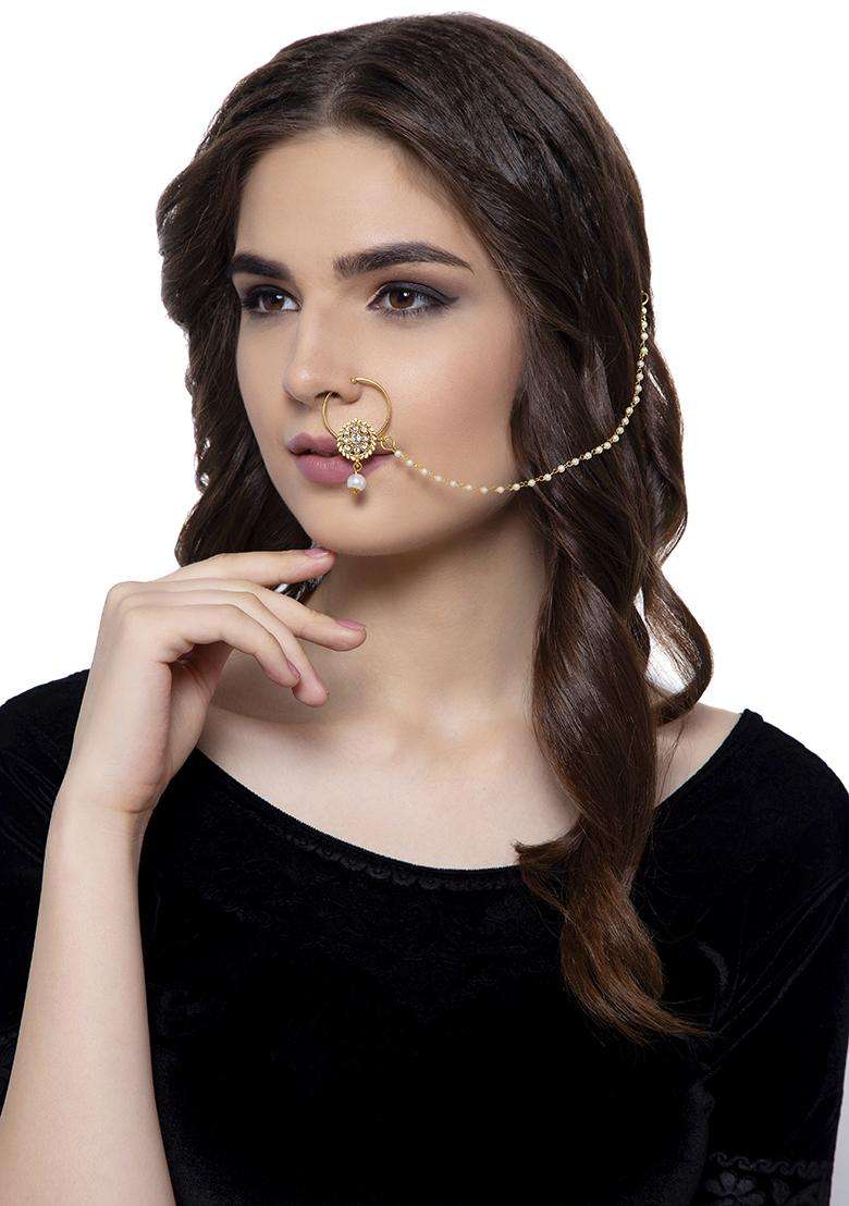 Golden Brass Nath With Chain - Indya