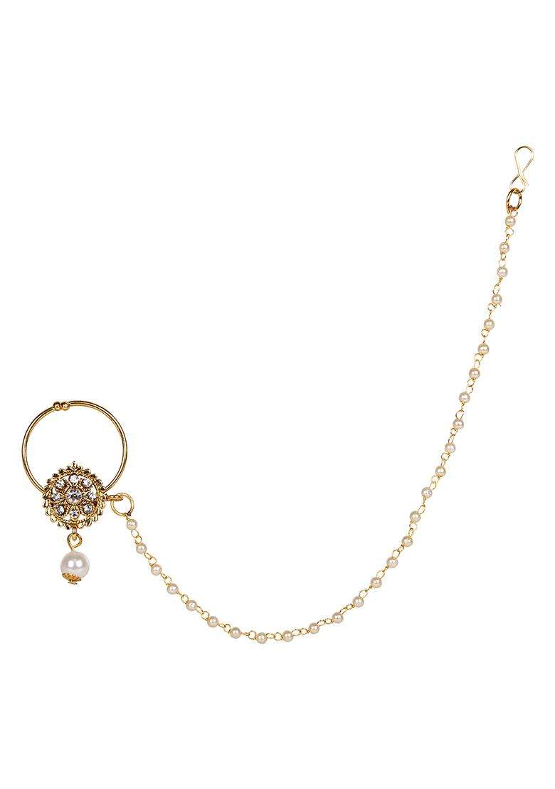 Golden Brass Nath With Chain - Indya