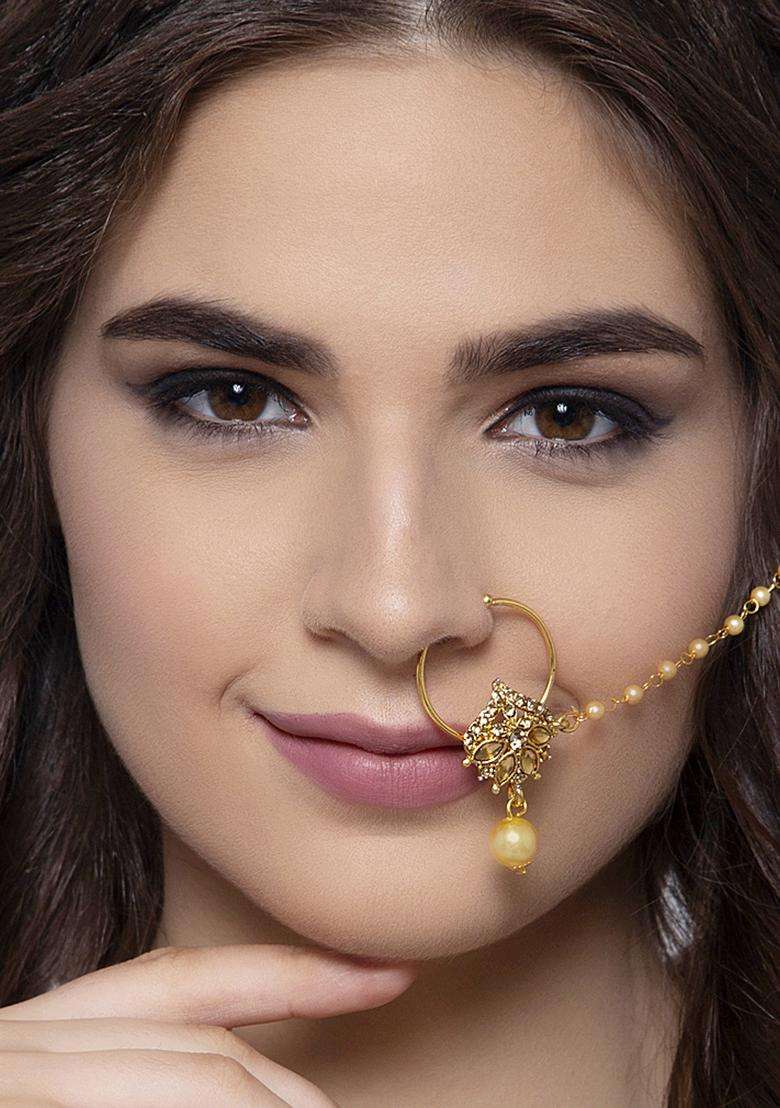 Golden Brass Nath With Chain - Indya