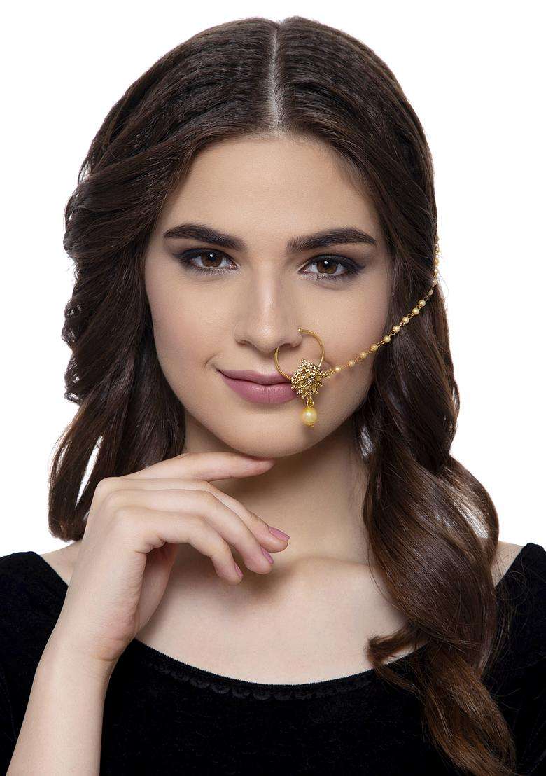 Golden Brass Nath With Chain - Indya