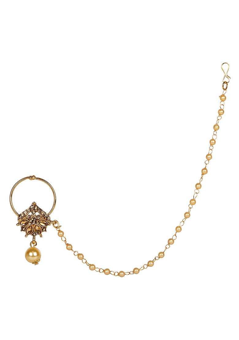 Golden Brass Nath With Chain - Indya