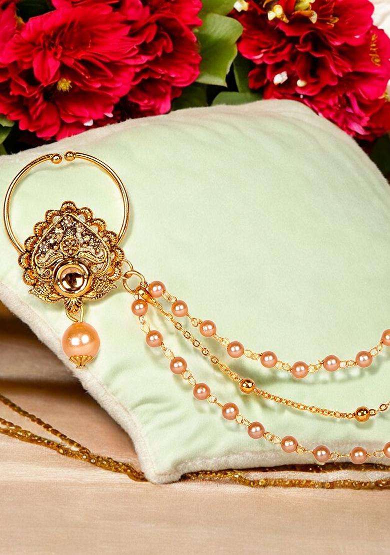 Golden Brass Nath With Chain - Indya