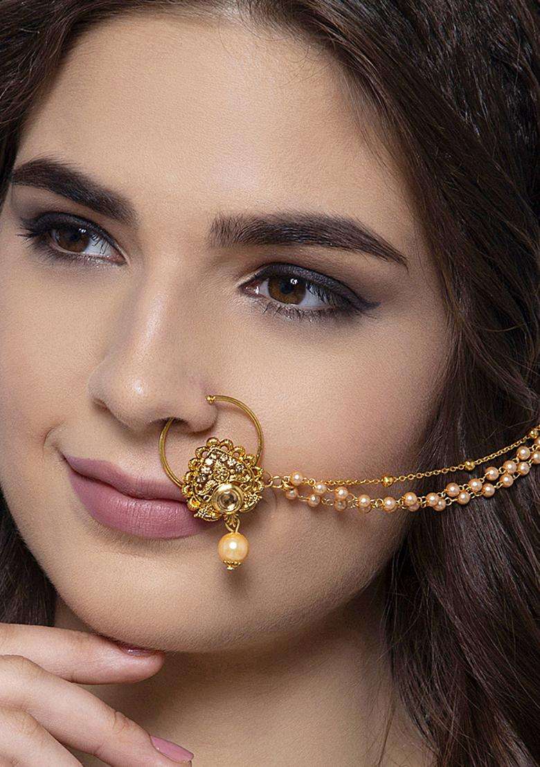 Golden Brass Nath With Chain - Indya