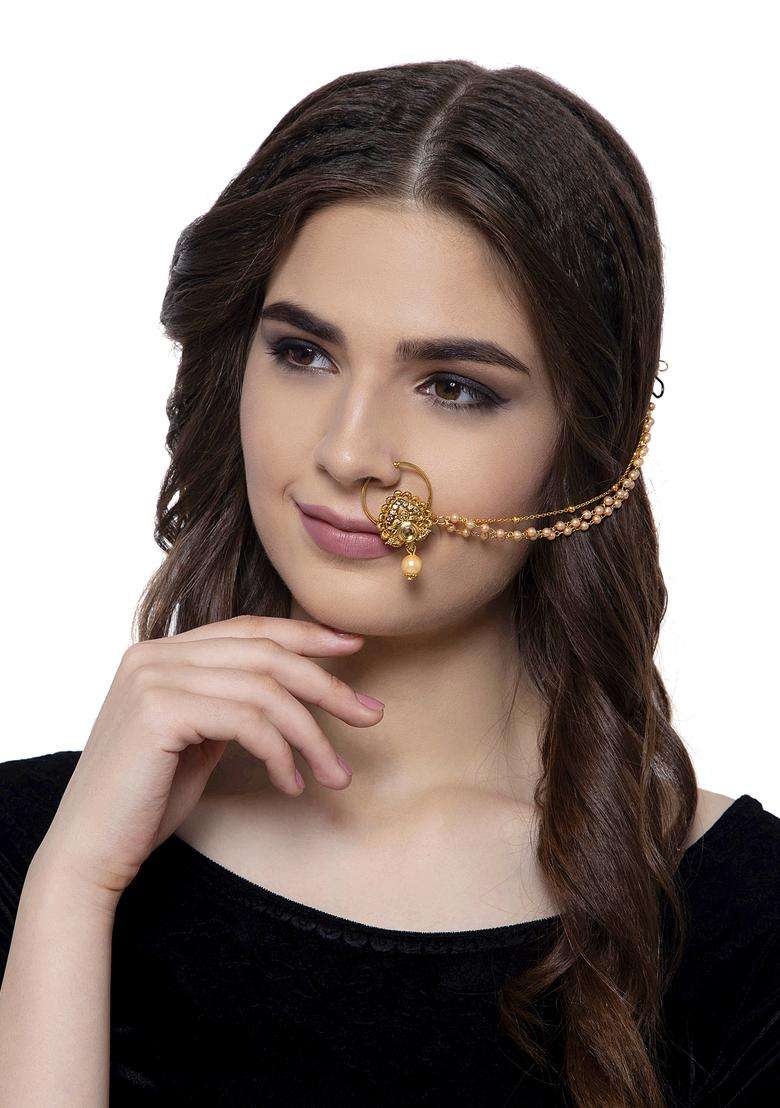 Golden Brass Nath With Chain - Indya